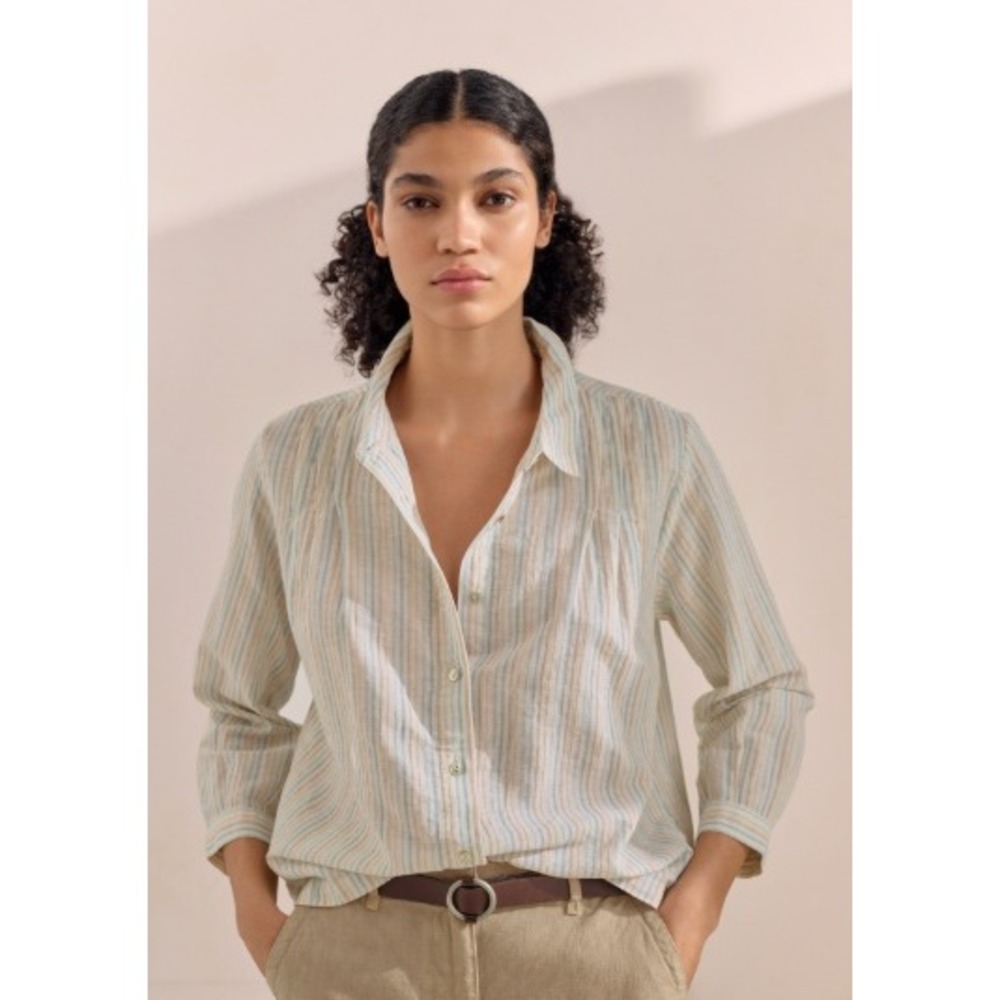 Poetry Dobby Stripe Shirt Cotton Linen Blend Button Down Blue Beige Size 10 Ten